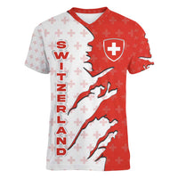 Switzerland Map Scratch Claw Swiss Flag Women V-Neck T-Shirt with Vertical Text - Wonder Print Shop