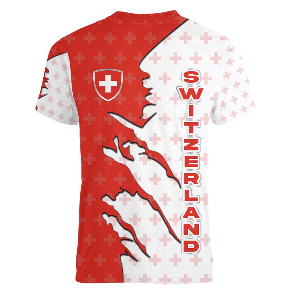 Switzerland Map Scratch Claw Swiss Flag Women V-Neck T-Shirt with Vertical Text - Wonder Print Shop