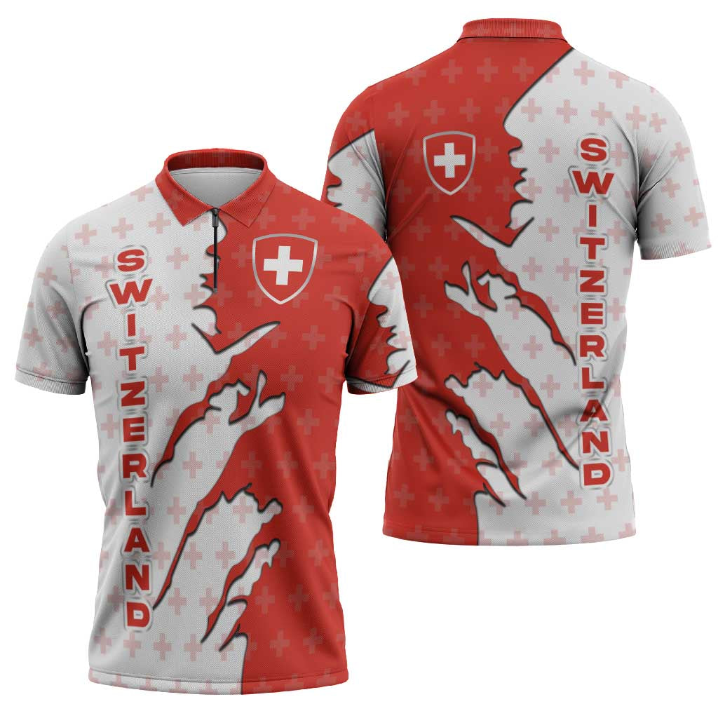 Switzerland Map Scratch Claw Swiss Flag Zipper Polo Shirt with Vertical Text - Wonder Print Shop