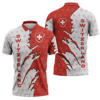 Switzerland Map Scratch Claw Swiss Flag Zipper Polo Shirt with Vertical Text - Wonder Print Shop