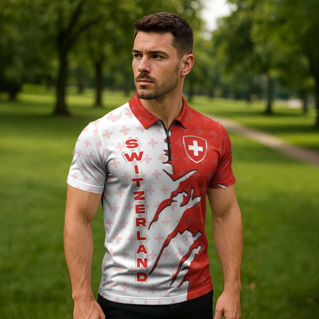 Switzerland Map Scratch Claw Swiss Flag Zipper Polo Shirt with Vertical Text - Wonder Print Shop