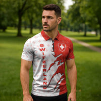 Switzerland Map Scratch Claw Swiss Flag Zipper Polo Shirt with Vertical Text - Wonder Print Shop