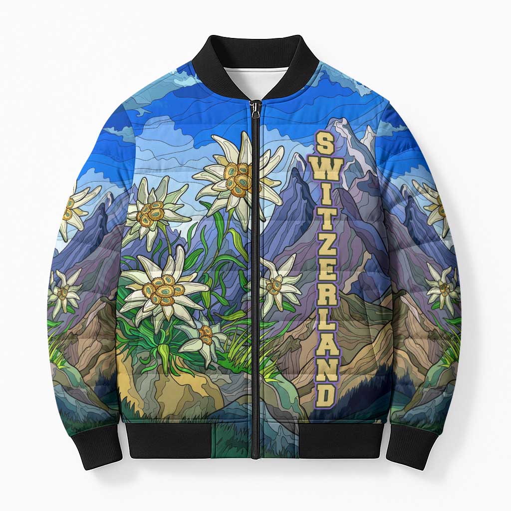 Edelweiss Flower Switzerland Mountain Bomber Puffer Jacket - Wonder Print Shop