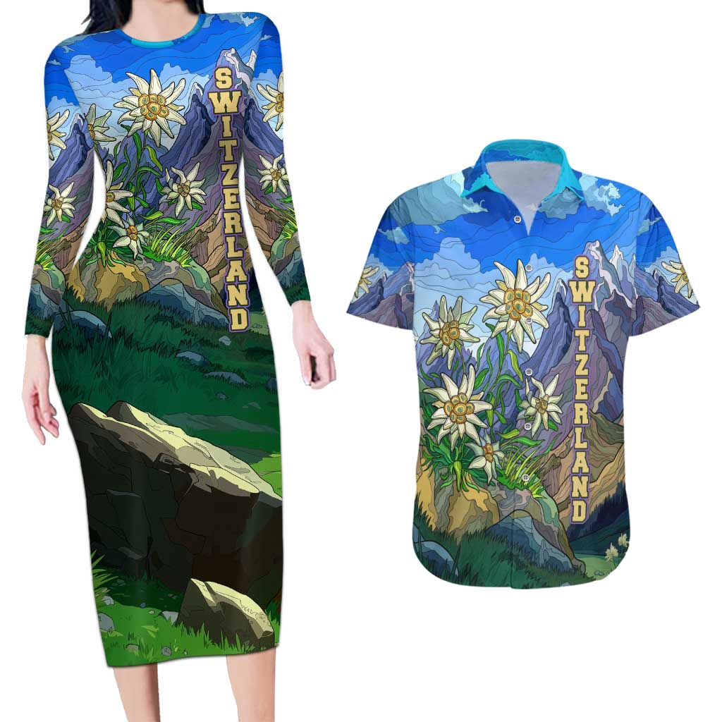 Edelweiss Flower Switzerland Mountain Couples Matching Long Sleeve Bodycon Dress and Hawaiian Shirt - Wonder Print Shop