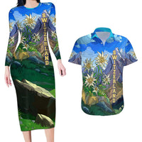 Edelweiss Flower Switzerland Mountain Couples Matching Long Sleeve Bodycon Dress and Hawaiian Shirt - Wonder Print Shop