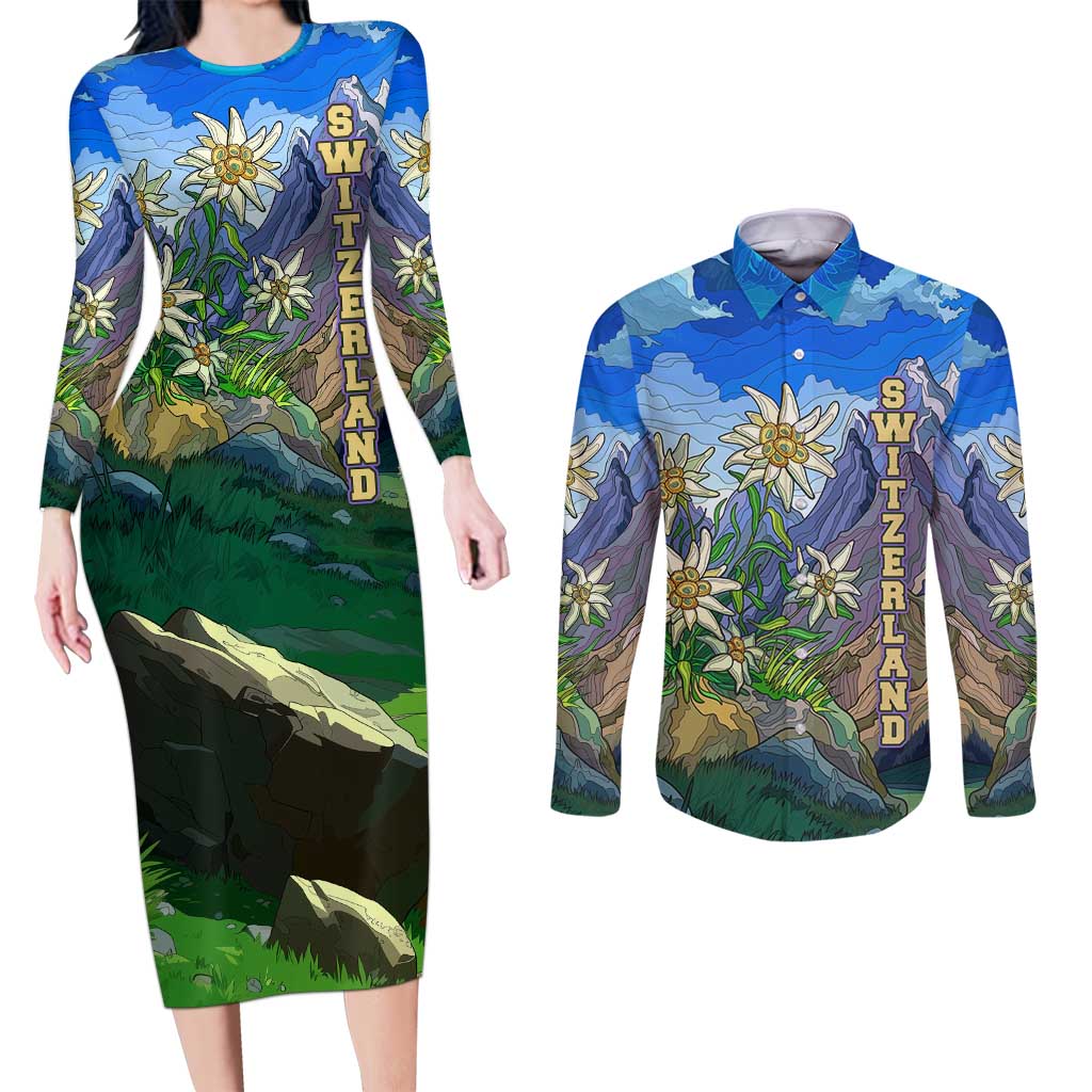 Edelweiss Flower Switzerland Mountain Couples Matching Long Sleeve Bodycon Dress and Long Sleeve Button Shirt - Wonder Print Shop