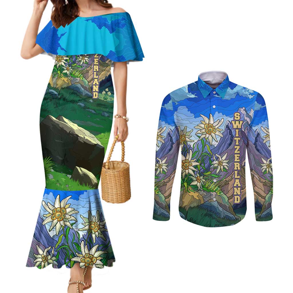 Edelweiss Flower Switzerland Mountain Couples Matching Mermaid Dress and Long Sleeve Button Shirt - Wonder Print Shop