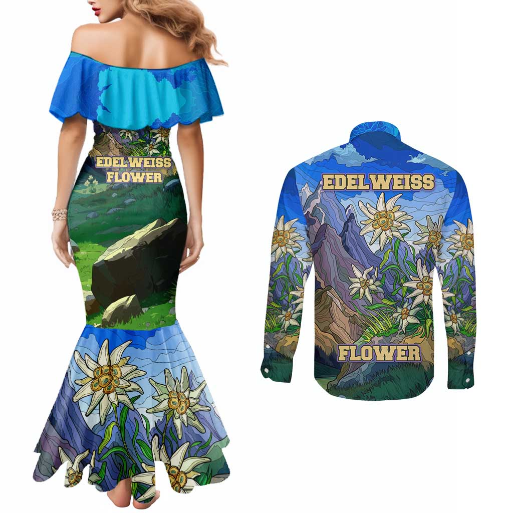 Edelweiss Flower Switzerland Mountain Couples Matching Mermaid Dress and Long Sleeve Button Shirt - Wonder Print Shop