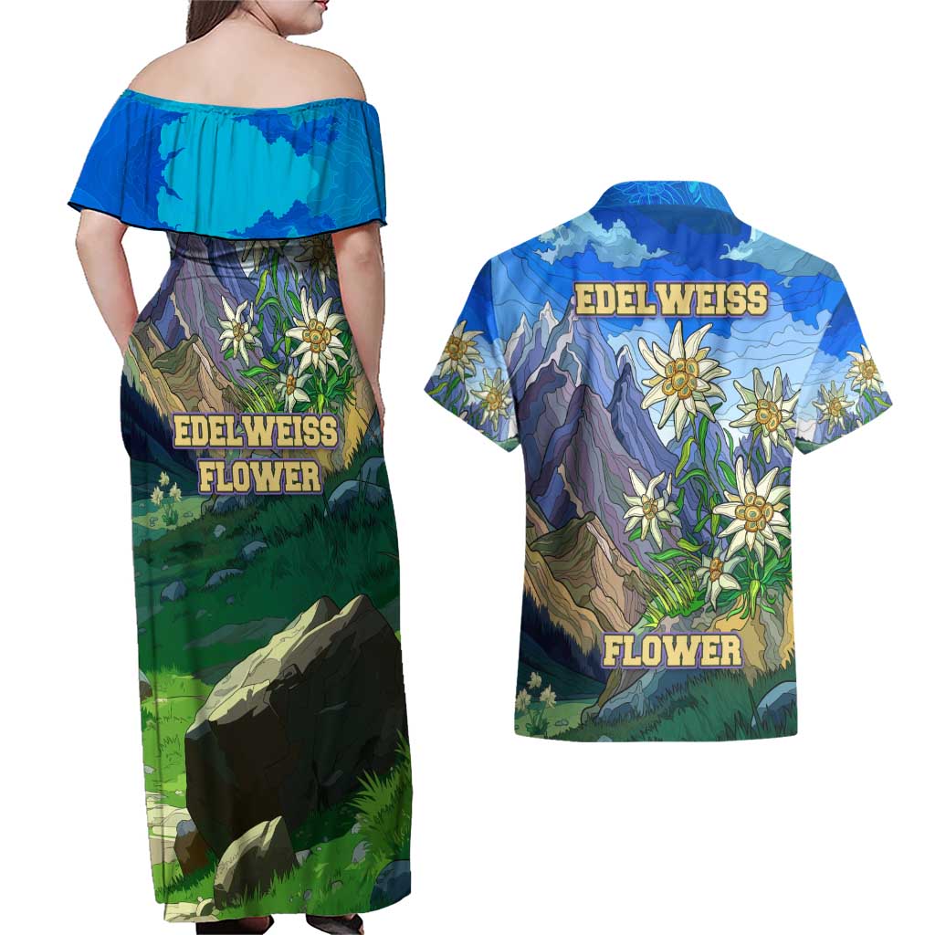 Edelweiss Flower Switzerland Mountain Couples Matching Off Shoulder Maxi Dress and Hawaiian Shirt - Wonder Print Shop