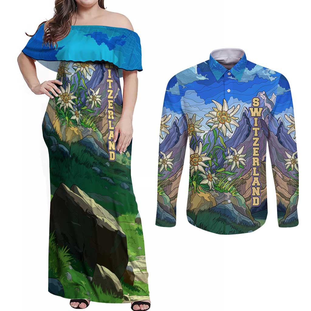 Edelweiss Flower Switzerland Mountain Couples Matching Off Shoulder Maxi Dress and Long Sleeve Button Shirt - Wonder Print Shop
