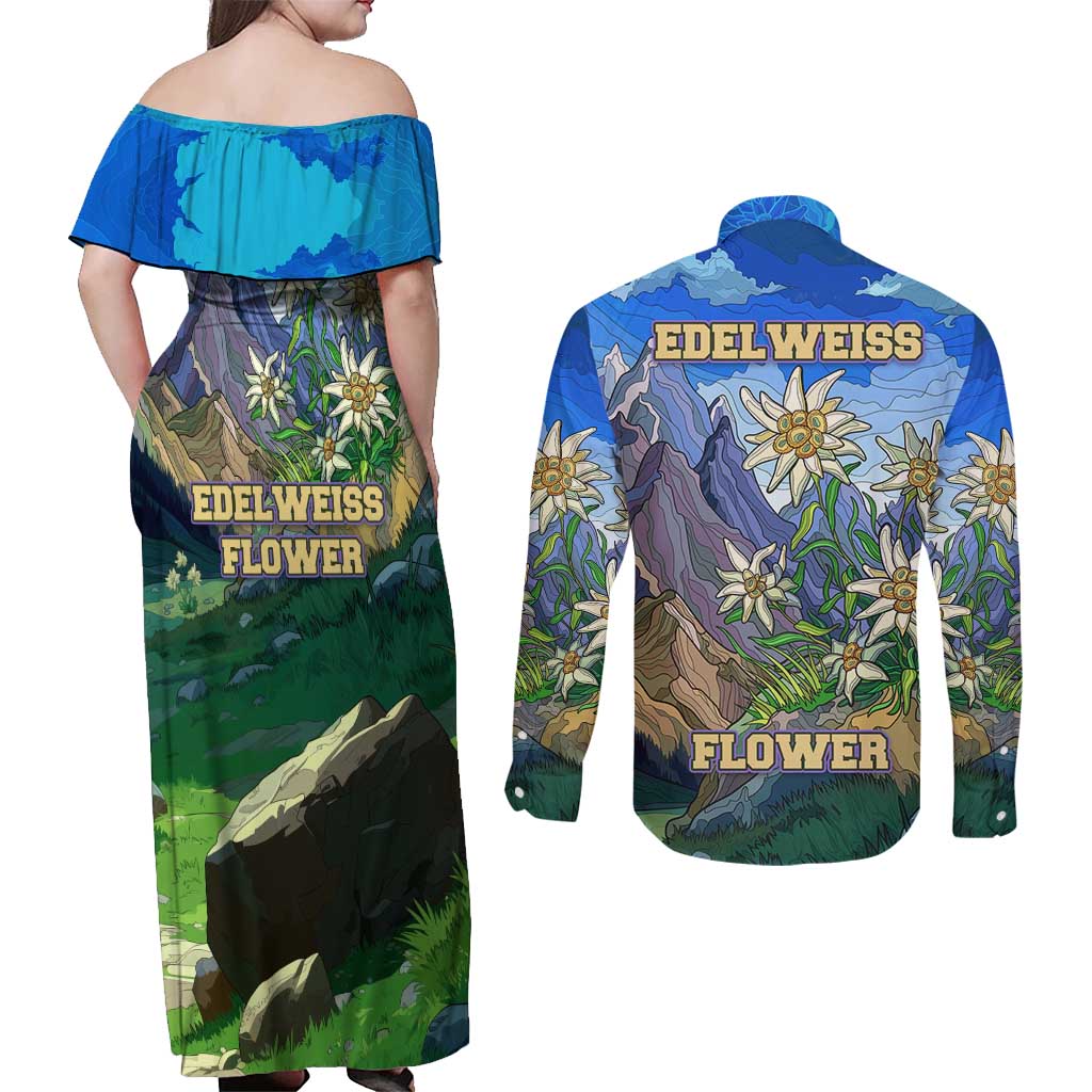 Edelweiss Flower Switzerland Mountain Couples Matching Off Shoulder Maxi Dress and Long Sleeve Button Shirt - Wonder Print Shop
