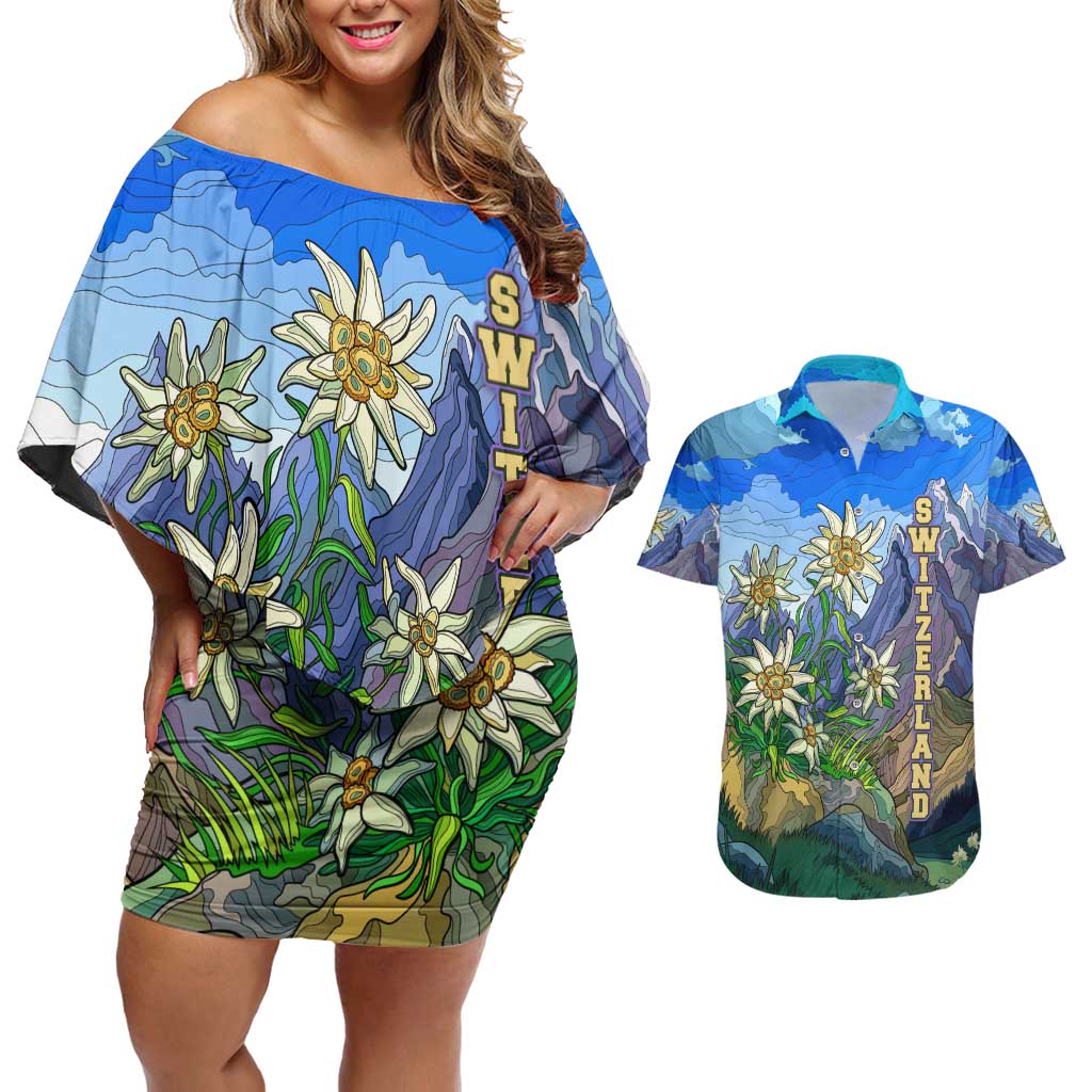 Edelweiss Flower Switzerland Mountain Couples Matching Off Shoulder Short Dress and Hawaiian Shirt - Wonder Print Shop