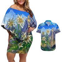 Edelweiss Flower Switzerland Mountain Couples Matching Off Shoulder Short Dress and Hawaiian Shirt - Wonder Print Shop