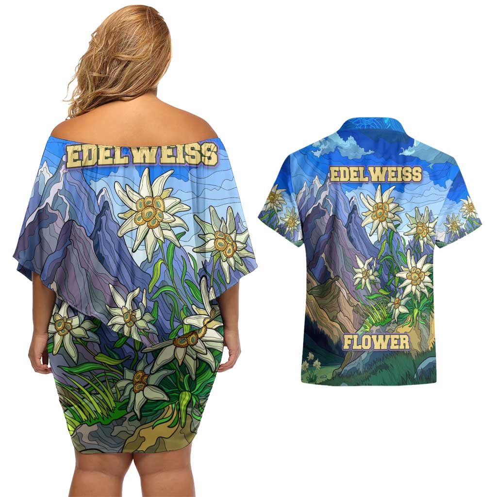 Edelweiss Flower Switzerland Mountain Couples Matching Off Shoulder Short Dress and Hawaiian Shirt - Wonder Print Shop