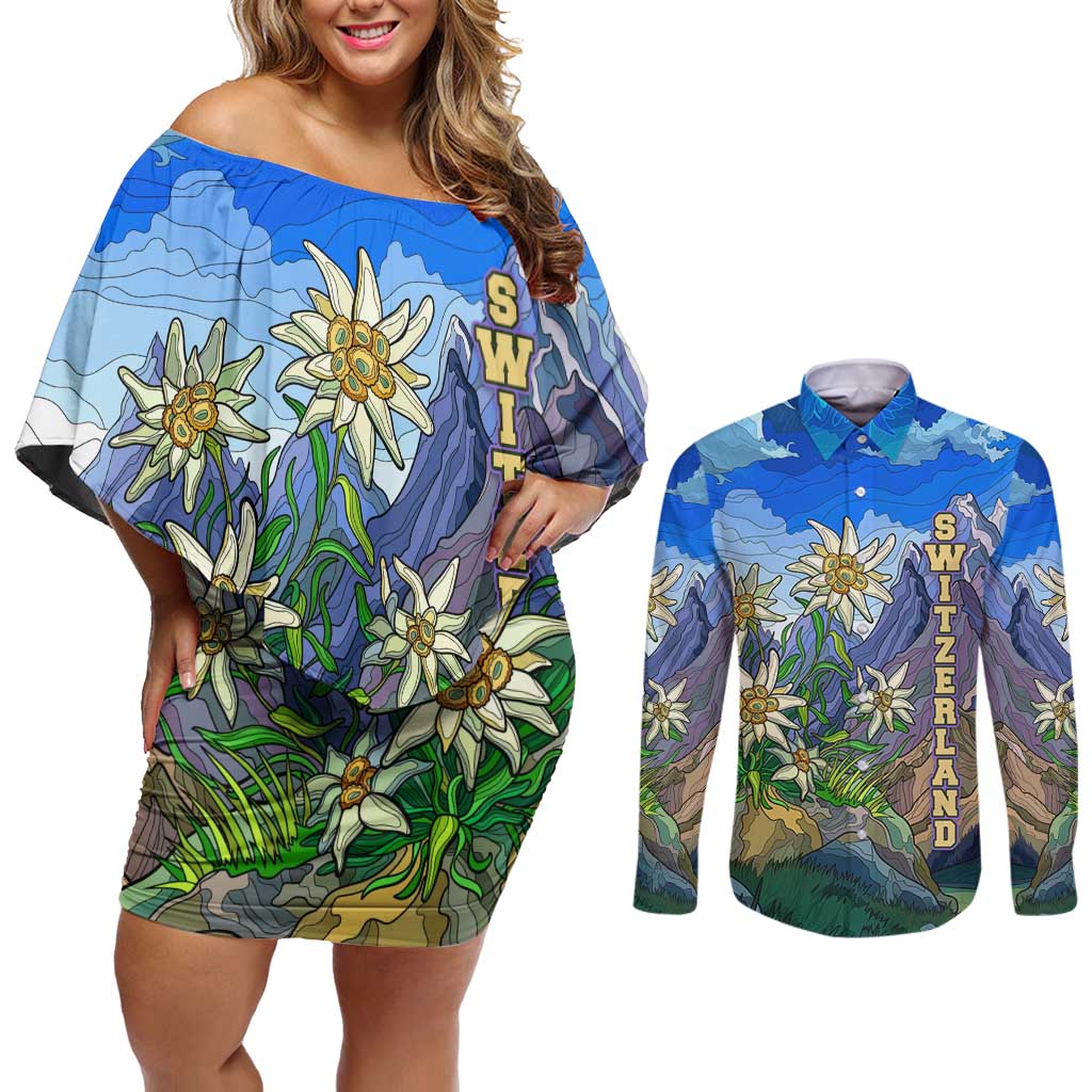 Edelweiss Flower Switzerland Mountain Couples Matching Off Shoulder Short Dress and Long Sleeve Button Shirt - Wonder Print Shop