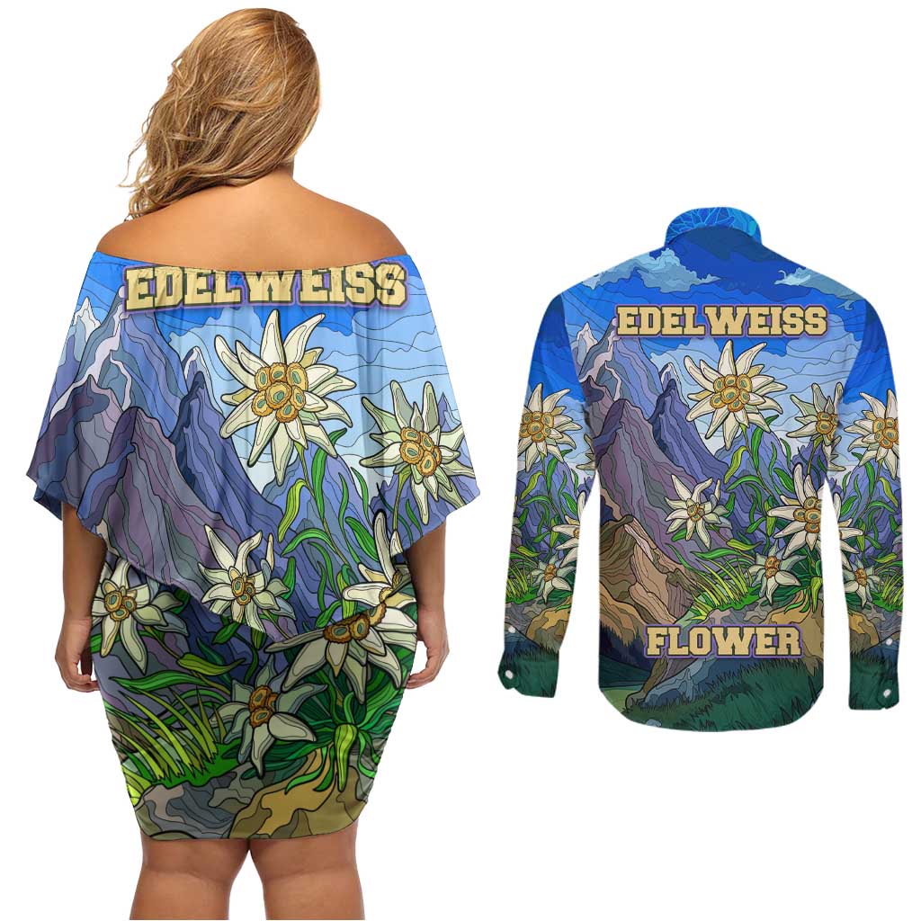 Edelweiss Flower Switzerland Mountain Couples Matching Off Shoulder Short Dress and Long Sleeve Button Shirt - Wonder Print Shop