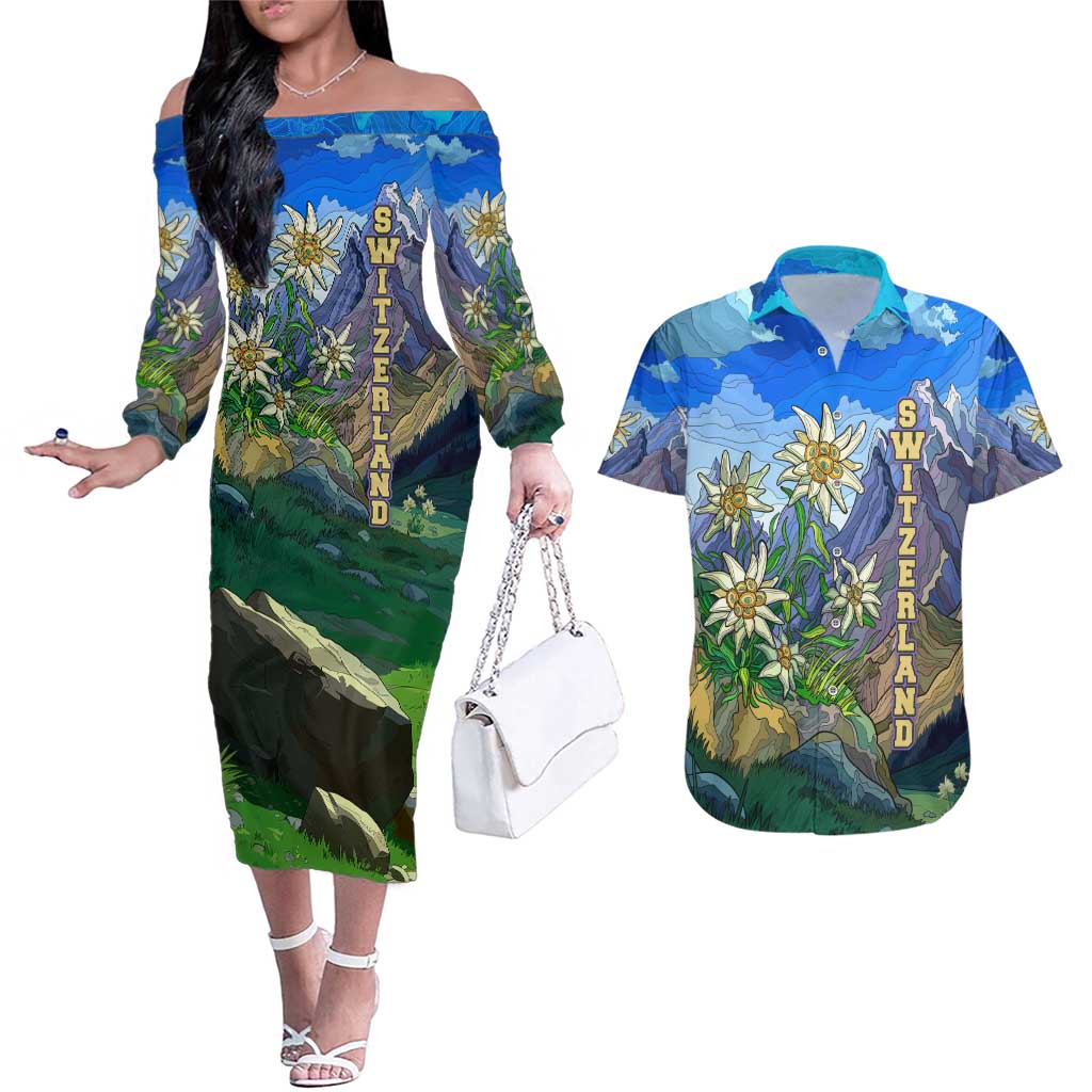 Edelweiss Flower Switzerland Mountain Couples Matching Off The Shoulder Long Sleeve Dress and Hawaiian Shirt - Wonder Print Shop
