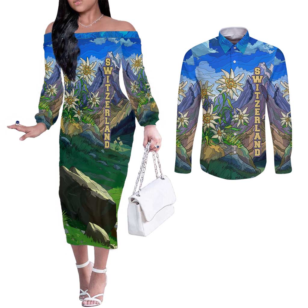 Edelweiss Flower Switzerland Mountain Couples Matching Off The Shoulder Long Sleeve Dress and Long Sleeve Button Shirt - Wonder Print Shop