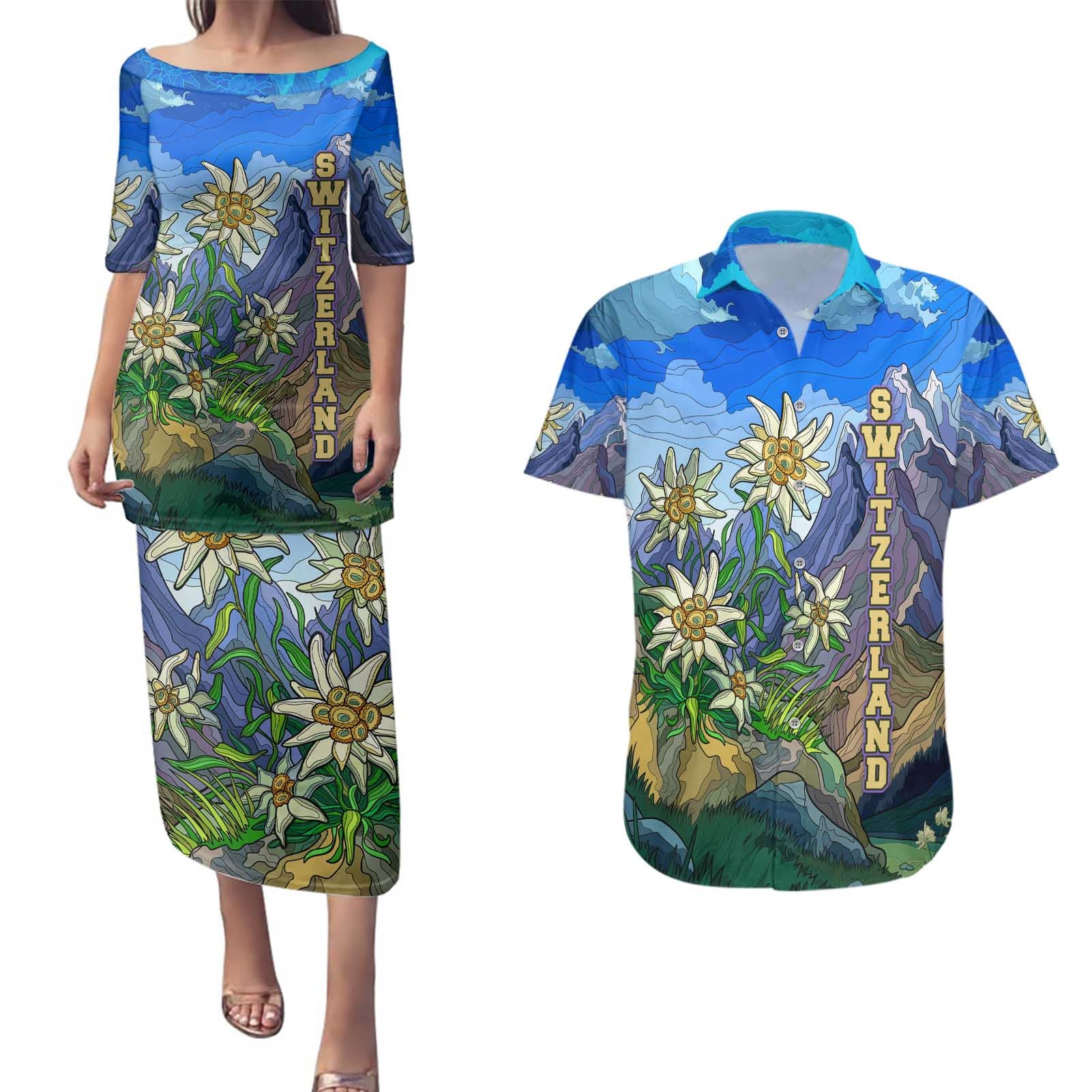 Edelweiss Flower Switzerland Mountain Couples Matching Puletasi and Hawaiian Shirt - Wonder Print Shop