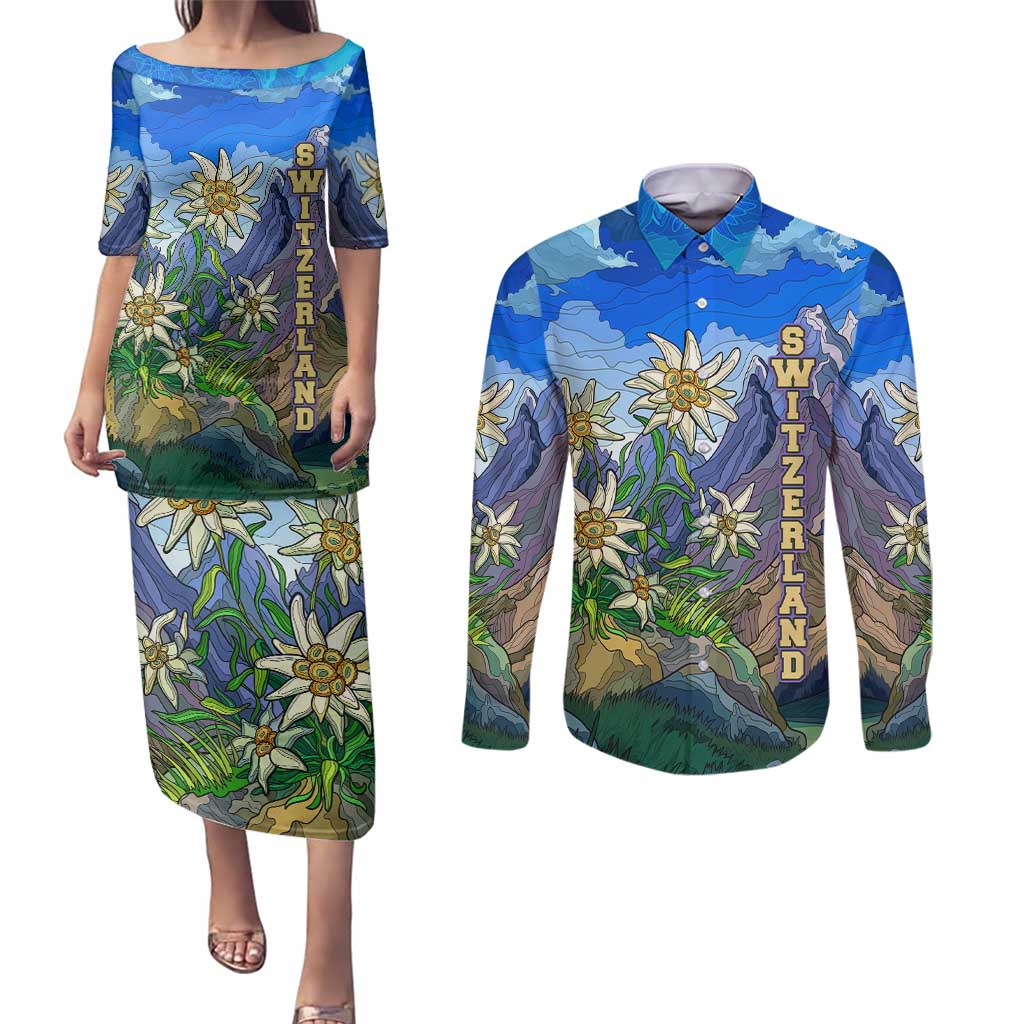 Edelweiss Flower Switzerland Mountain Couples Matching Puletasi and Long Sleeve Button Shirt - Wonder Print Shop