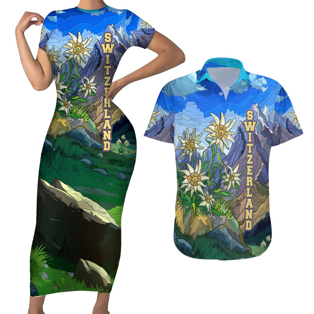 Edelweiss Flower Switzerland Mountain Couples Matching Short Sleeve Bodycon Dress and Hawaiian Shirt - Wonder Print Shop