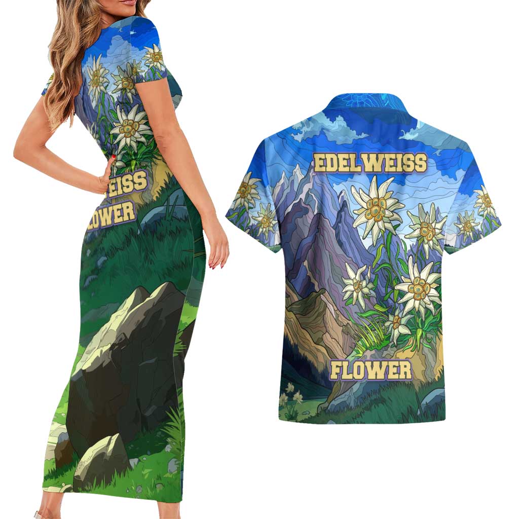 Edelweiss Flower Switzerland Mountain Couples Matching Short Sleeve Bodycon Dress and Hawaiian Shirt - Wonder Print Shop