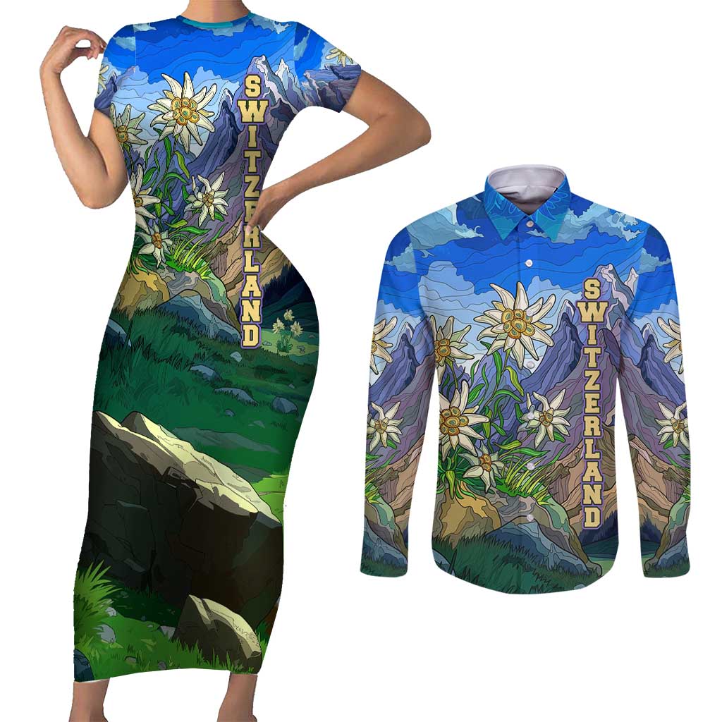 Edelweiss Flower Switzerland Mountain Couples Matching Short Sleeve Bodycon Dress and Long Sleeve Button Shirt - Wonder Print Shop