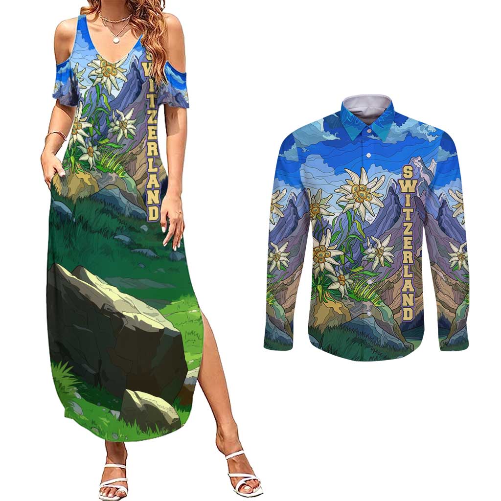 Edelweiss Flower Switzerland Mountain Couples Matching Summer Maxi Dress and Long Sleeve Button Shirt - Wonder Print Shop