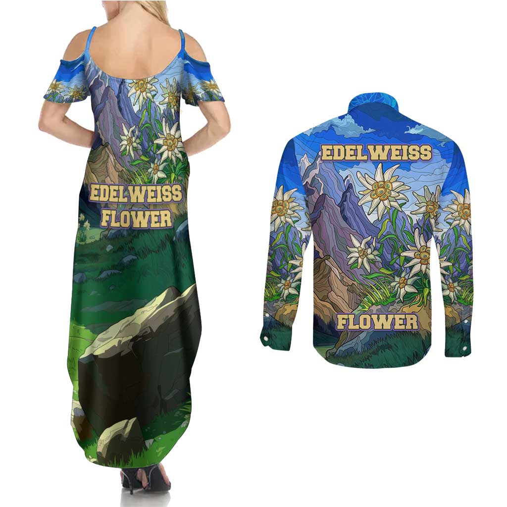 Edelweiss Flower Switzerland Mountain Couples Matching Summer Maxi Dress and Long Sleeve Button Shirt - Wonder Print Shop