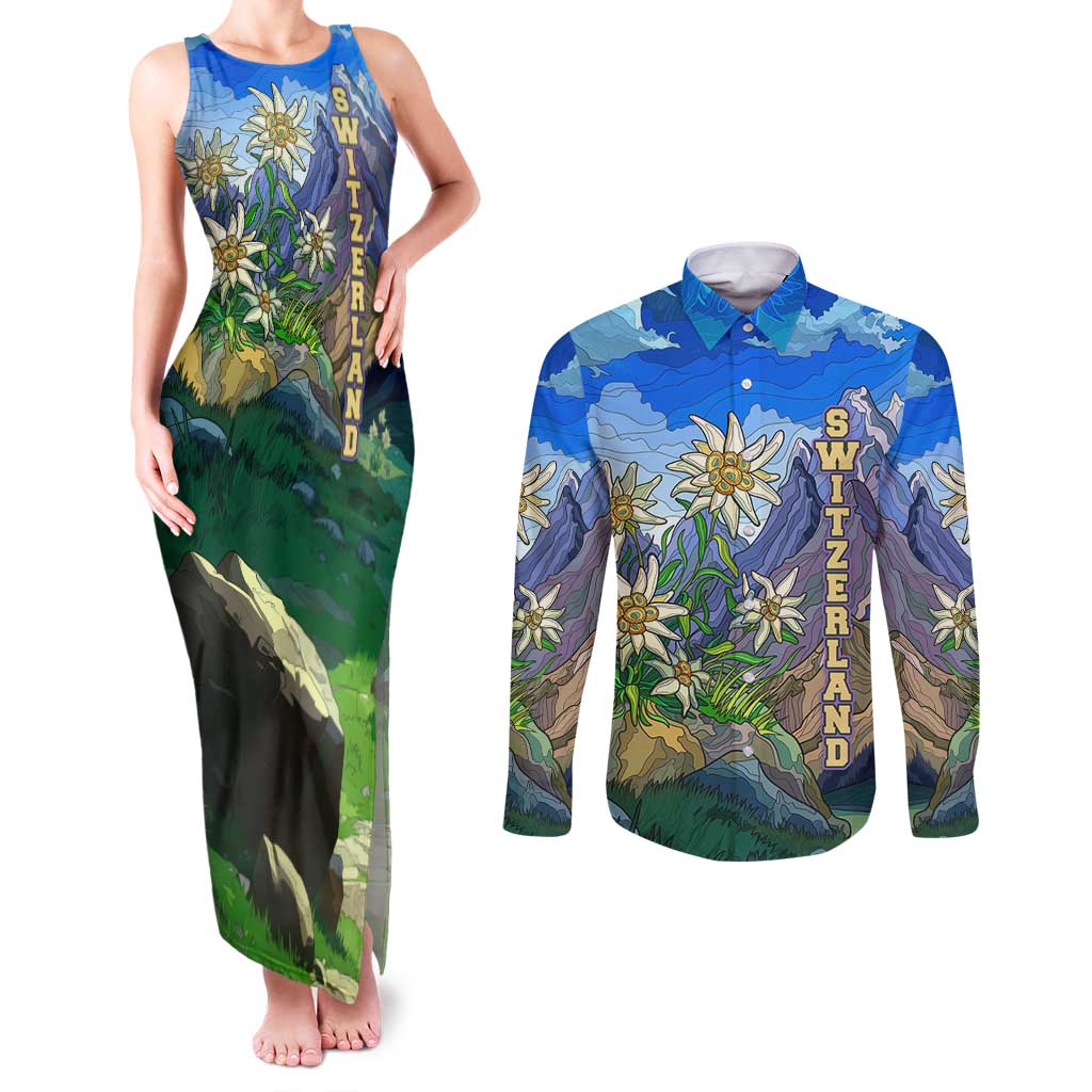 Edelweiss Flower Switzerland Mountain Couples Matching Tank Maxi Dress and Long Sleeve Button Shirt - Wonder Print Shop