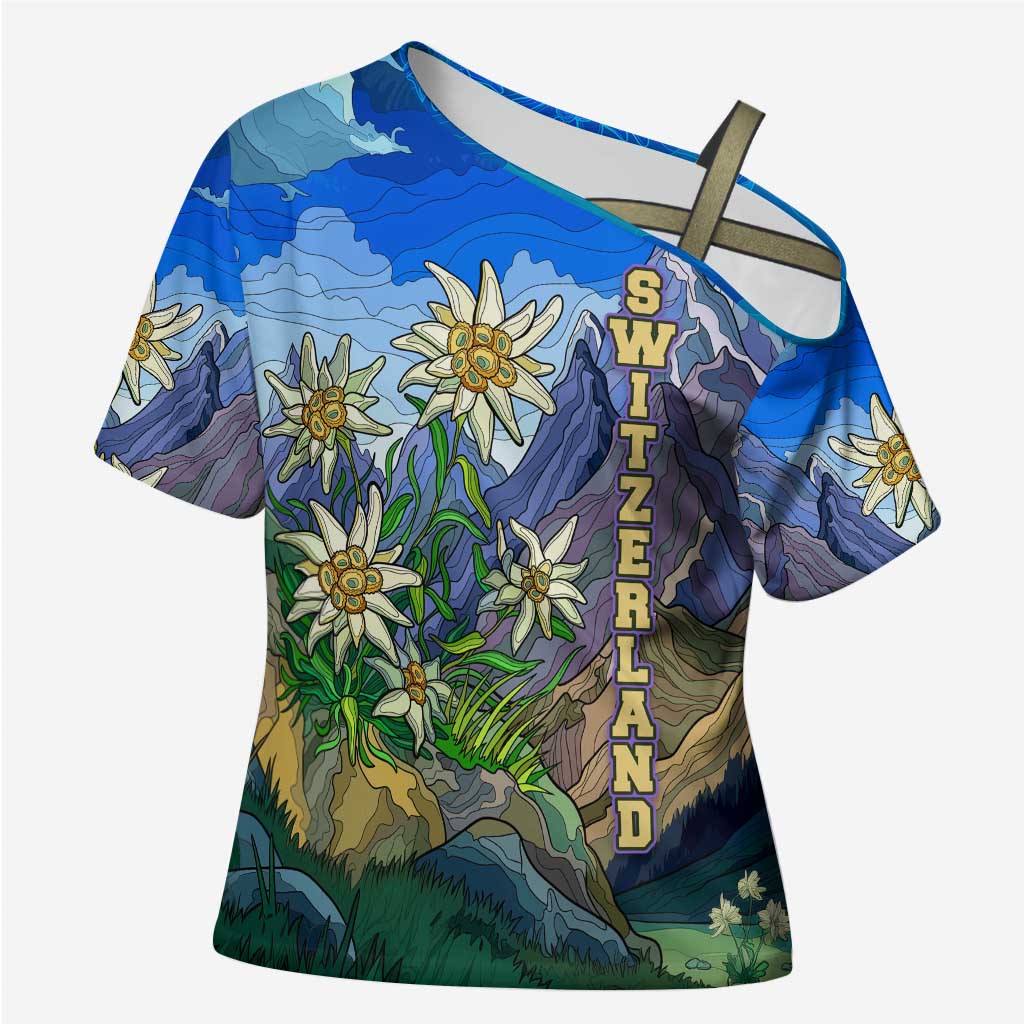 Edelweiss Flower Switzerland Mountain Cross Shoulder Shirt - Wonder Print Shop