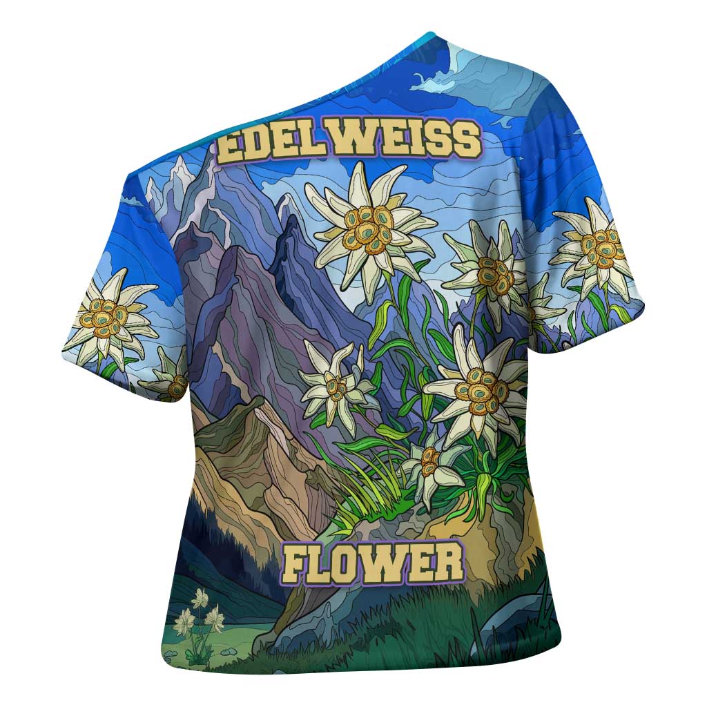 Edelweiss Flower Switzerland Mountain Cross Shoulder Shirt - Wonder Print Shop