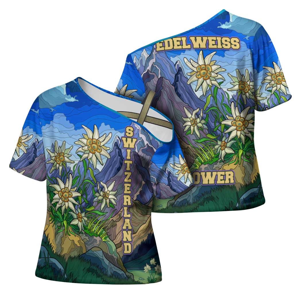 Edelweiss Flower Switzerland Mountain Cross Shoulder Shirt - Wonder Print Shop