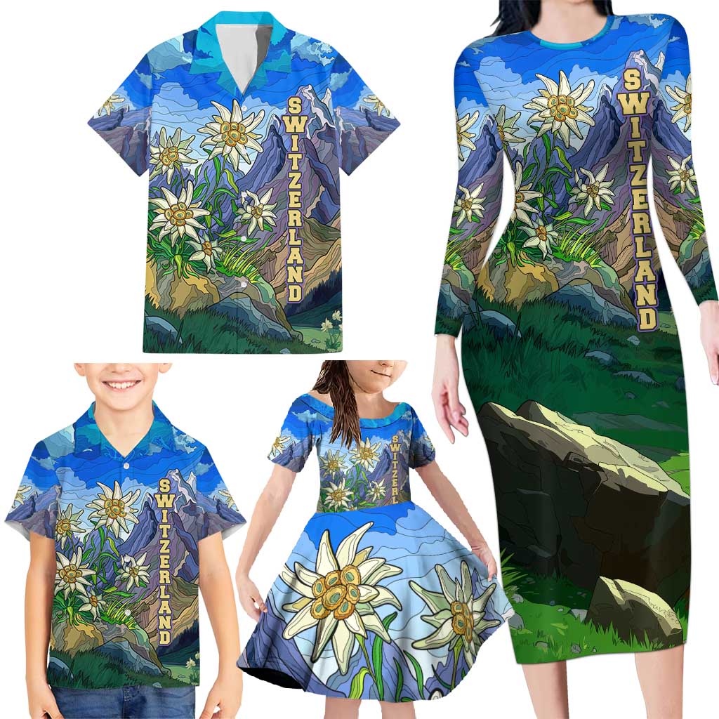 Edelweiss Flower Switzerland Mountain Family Matching Long Sleeve Bodycon Dress and Hawaiian Shirt - Wonder Print Shop