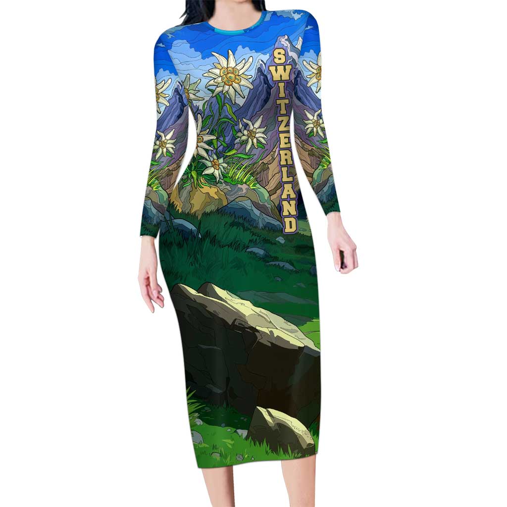 Edelweiss Flower Switzerland Mountain Family Matching Long Sleeve Bodycon Dress and Hawaiian Shirt - Wonder Print Shop