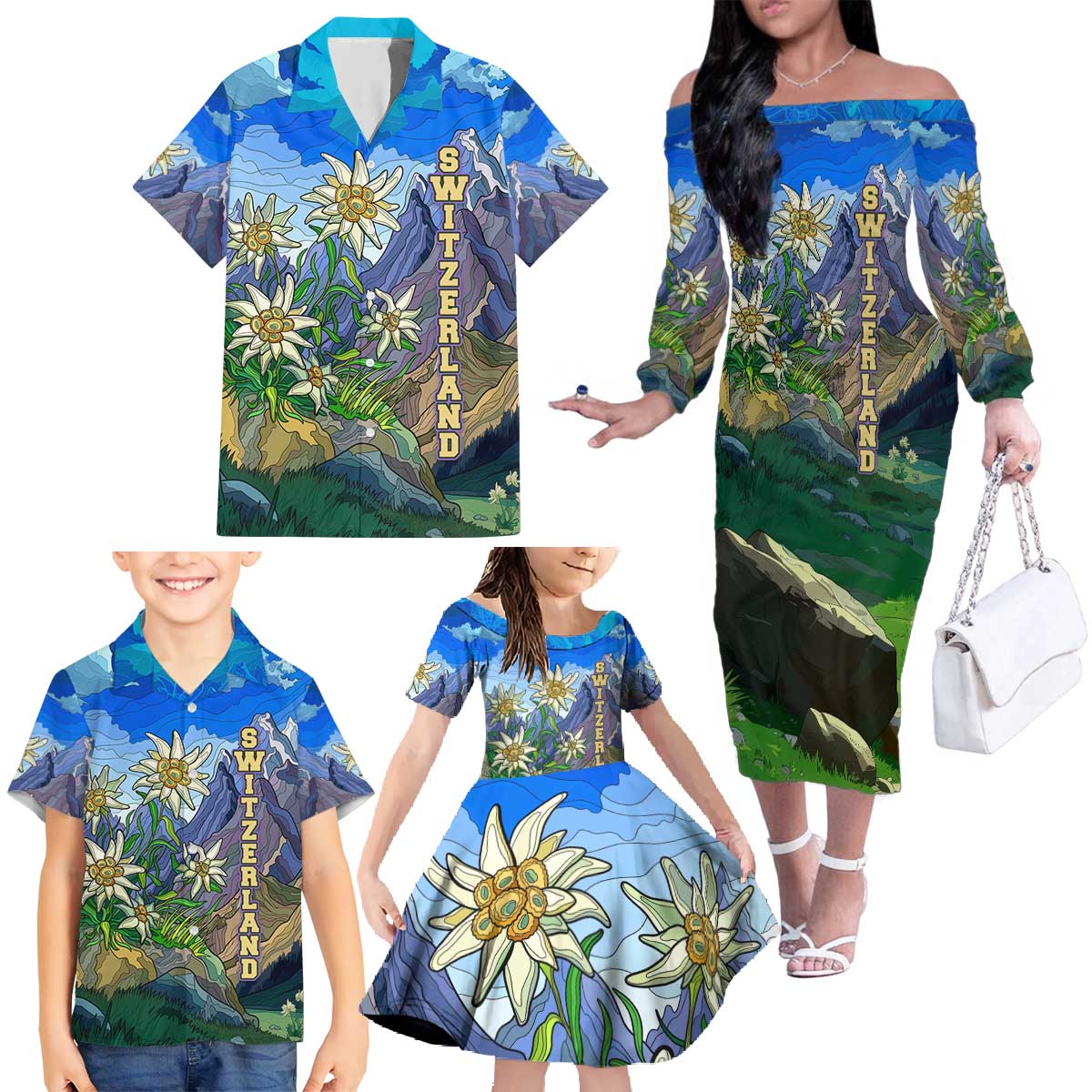 Edelweiss Flower Switzerland Mountain Family Matching Off The Shoulder Long Sleeve Dress and Hawaiian Shirt - Wonder Print Shop