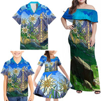 Edelweiss Flower Switzerland Mountain Family Matching Off Shoulder Maxi Dress and Hawaiian Shirt - Wonder Print Shop