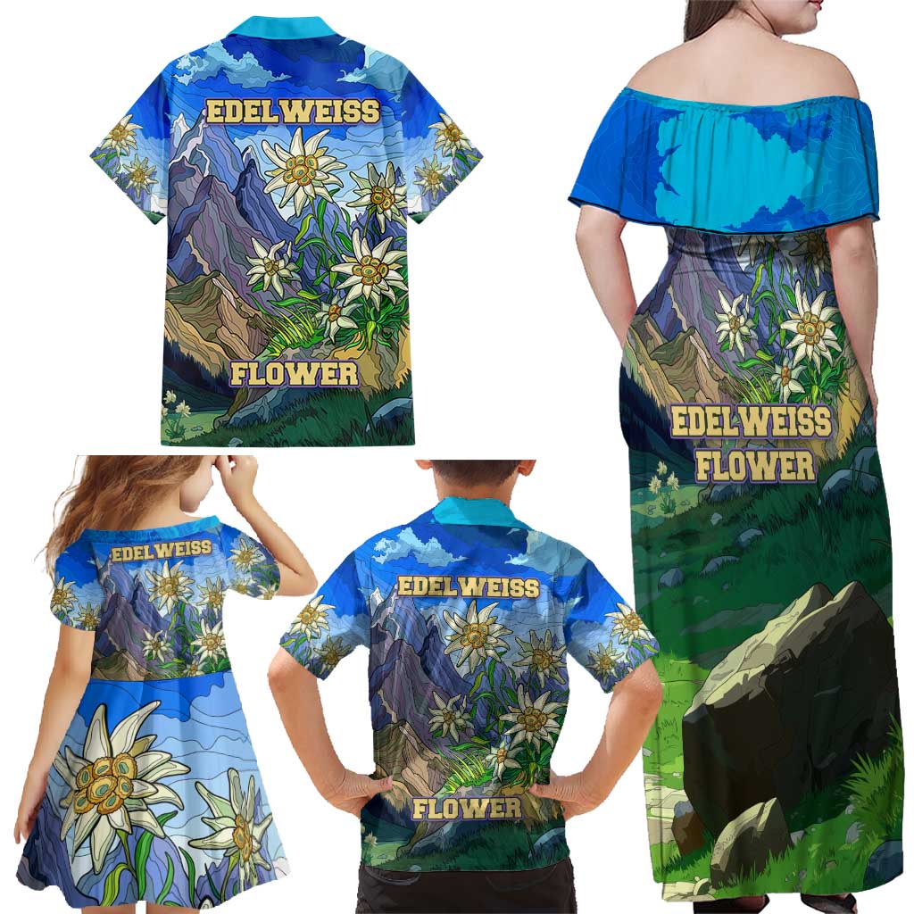 Edelweiss Flower Switzerland Mountain Family Matching Off Shoulder Maxi Dress and Hawaiian Shirt - Wonder Print Shop
