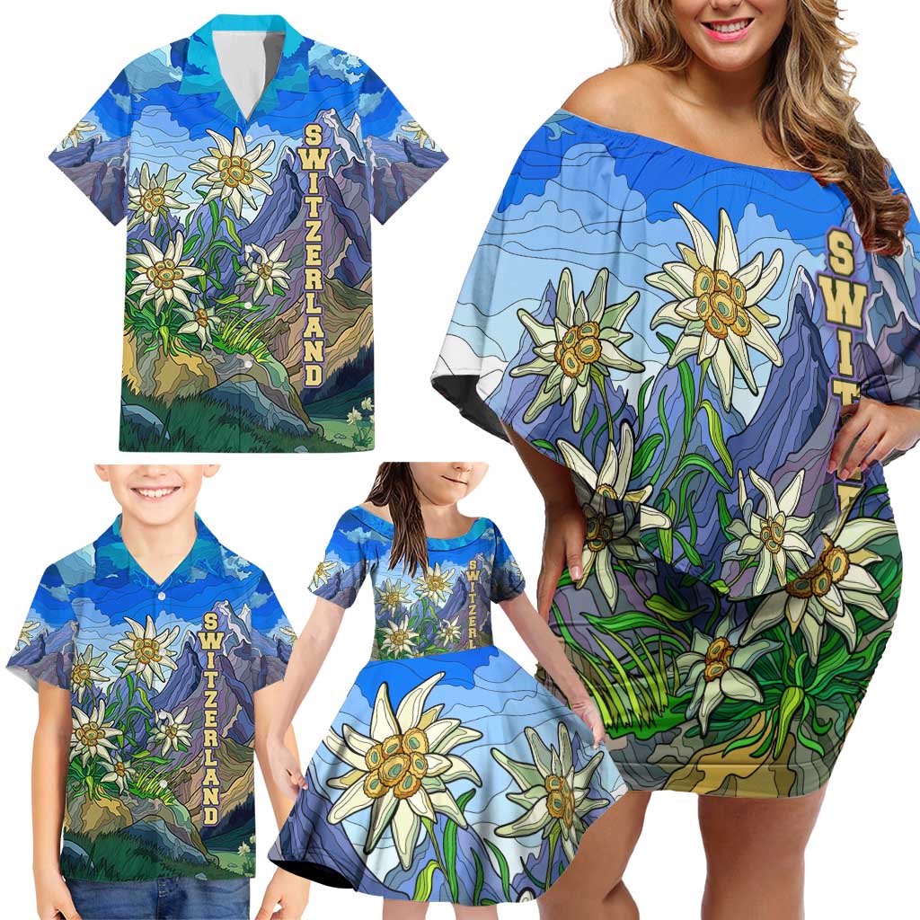 Edelweiss Flower Switzerland Mountain Family Matching Off Shoulder Short Dress and Hawaiian Shirt - Wonder Print Shop