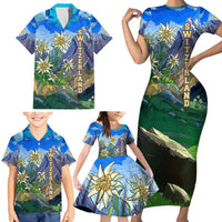 Edelweiss Flower Switzerland Mountain Family Matching Short Sleeve Bodycon Dress and Hawaiian Shirt - Wonder Print Shop