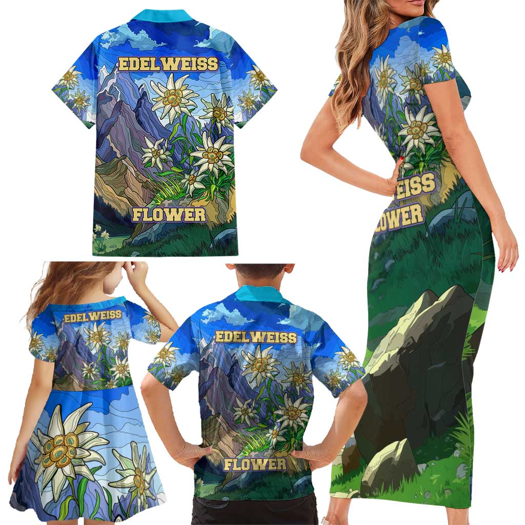 Edelweiss Flower Switzerland Mountain Family Matching Short Sleeve Bodycon Dress and Hawaiian Shirt - Wonder Print Shop