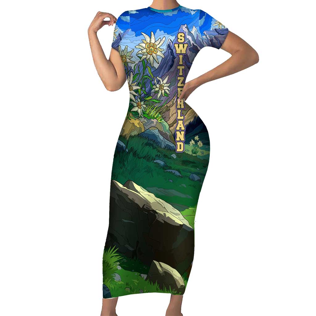 Edelweiss Flower Switzerland Mountain Family Matching Short Sleeve Bodycon Dress and Hawaiian Shirt - Wonder Print Shop