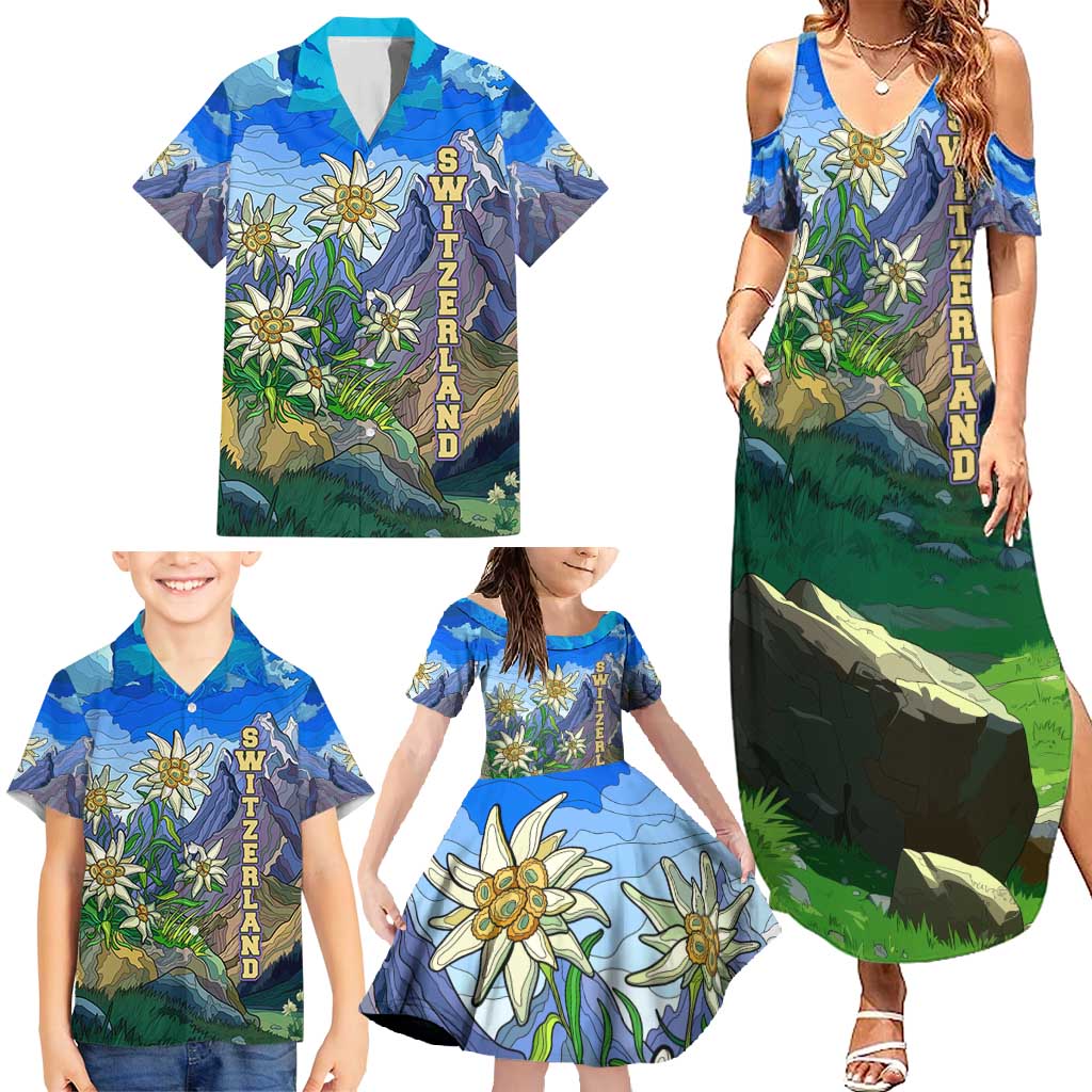 Edelweiss Flower Switzerland Mountain Family Matching Summer Maxi Dress and Hawaiian Shirt - Wonder Print Shop