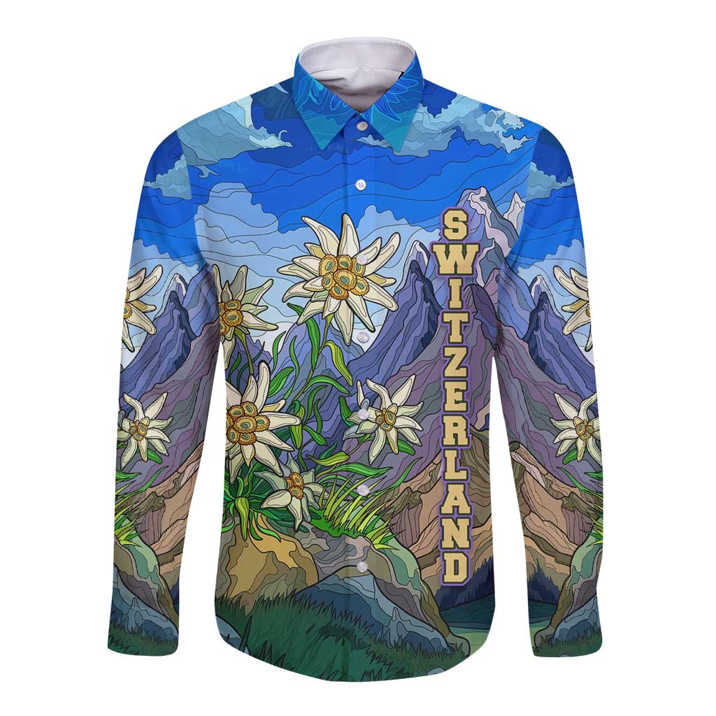 Edelweiss Flower Switzerland Mountain Long Sleeve Button Shirt - Wonder Print Shop