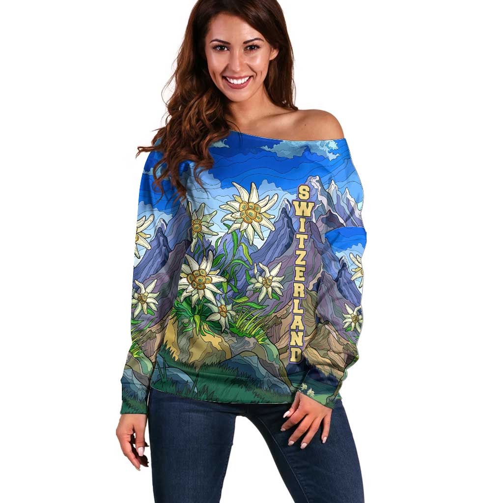 Edelweiss Flower Switzerland Mountain Off Shoulder Sweater - Wonder Print Shop