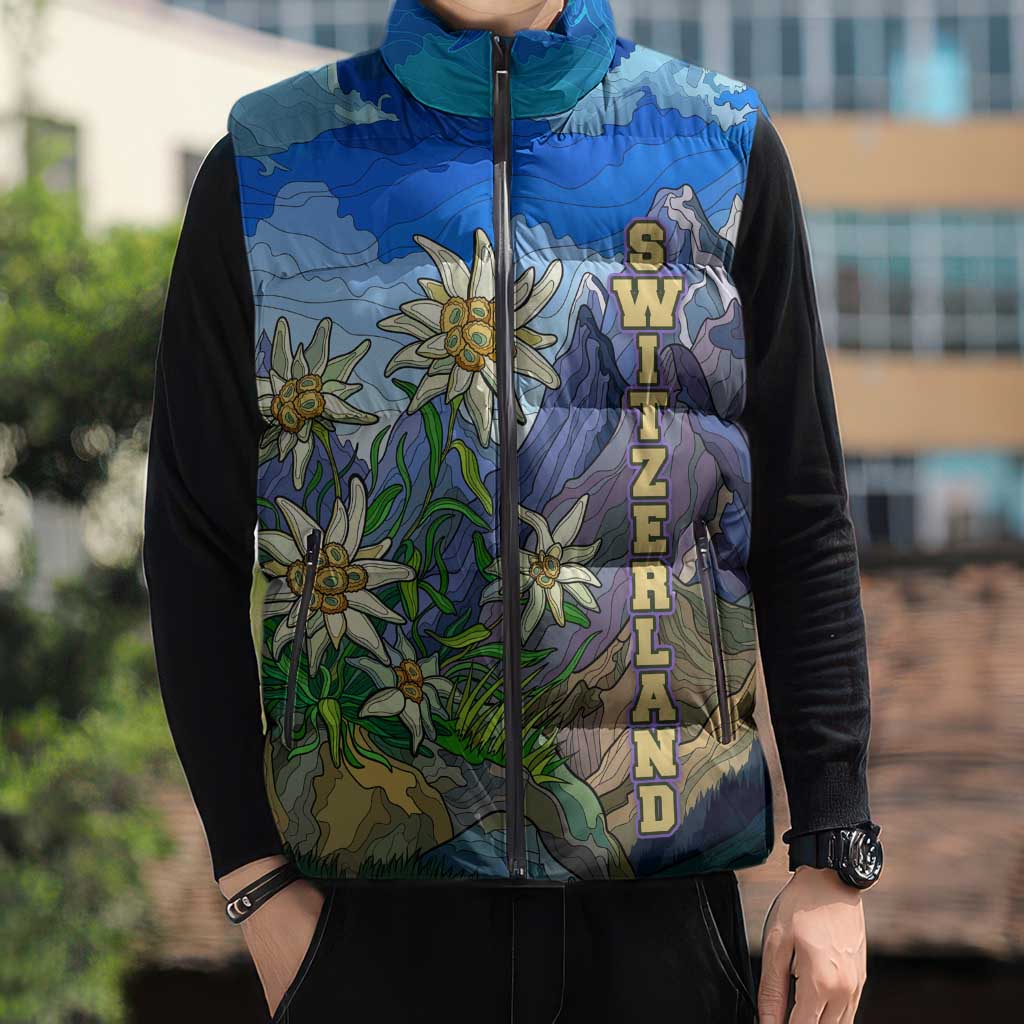 Edelweiss Flower Switzerland Mountain Sleeveless Puffer Jacket - Wonder Print Shop
