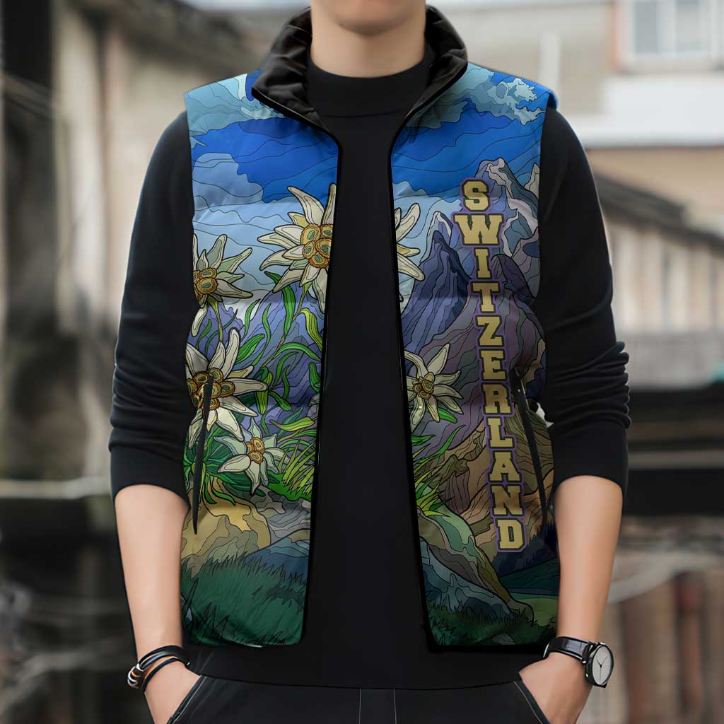 Edelweiss Flower Switzerland Mountain Sleeveless Puffer Jacket - Wonder Print Shop