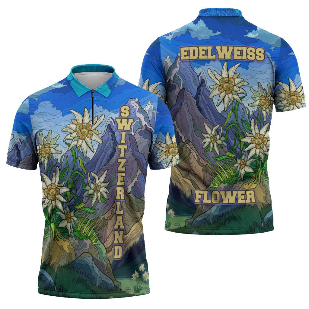 Edelweiss Flower Switzerland Mountain Zipper Polo Shirt - Wonder Print Shop