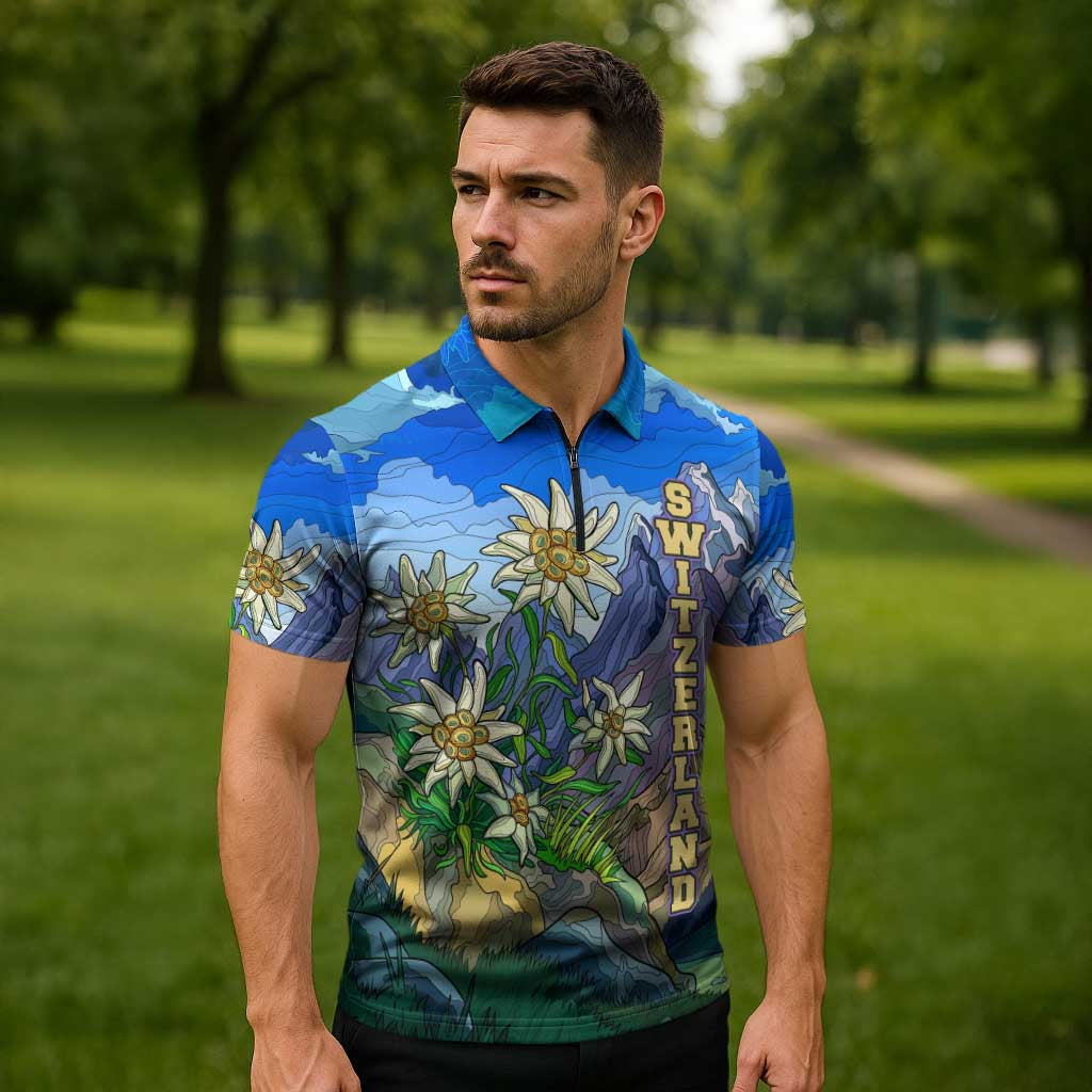 Edelweiss Flower Switzerland Mountain Zipper Polo Shirt - Wonder Print Shop
