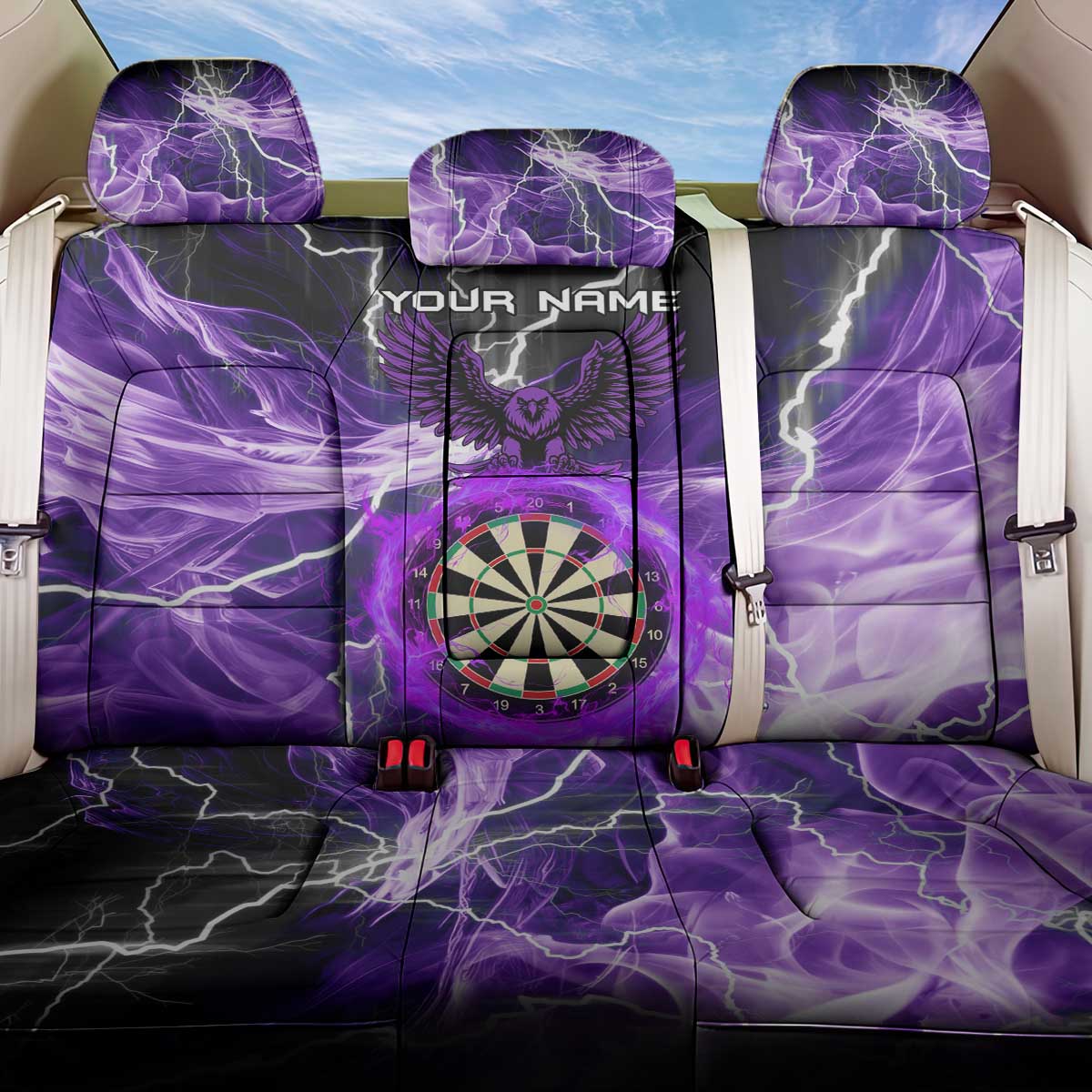 Personalized Purple Lightning Darts Board Back Car Seat Cover with Owl Graphic - Wonder Print Shop